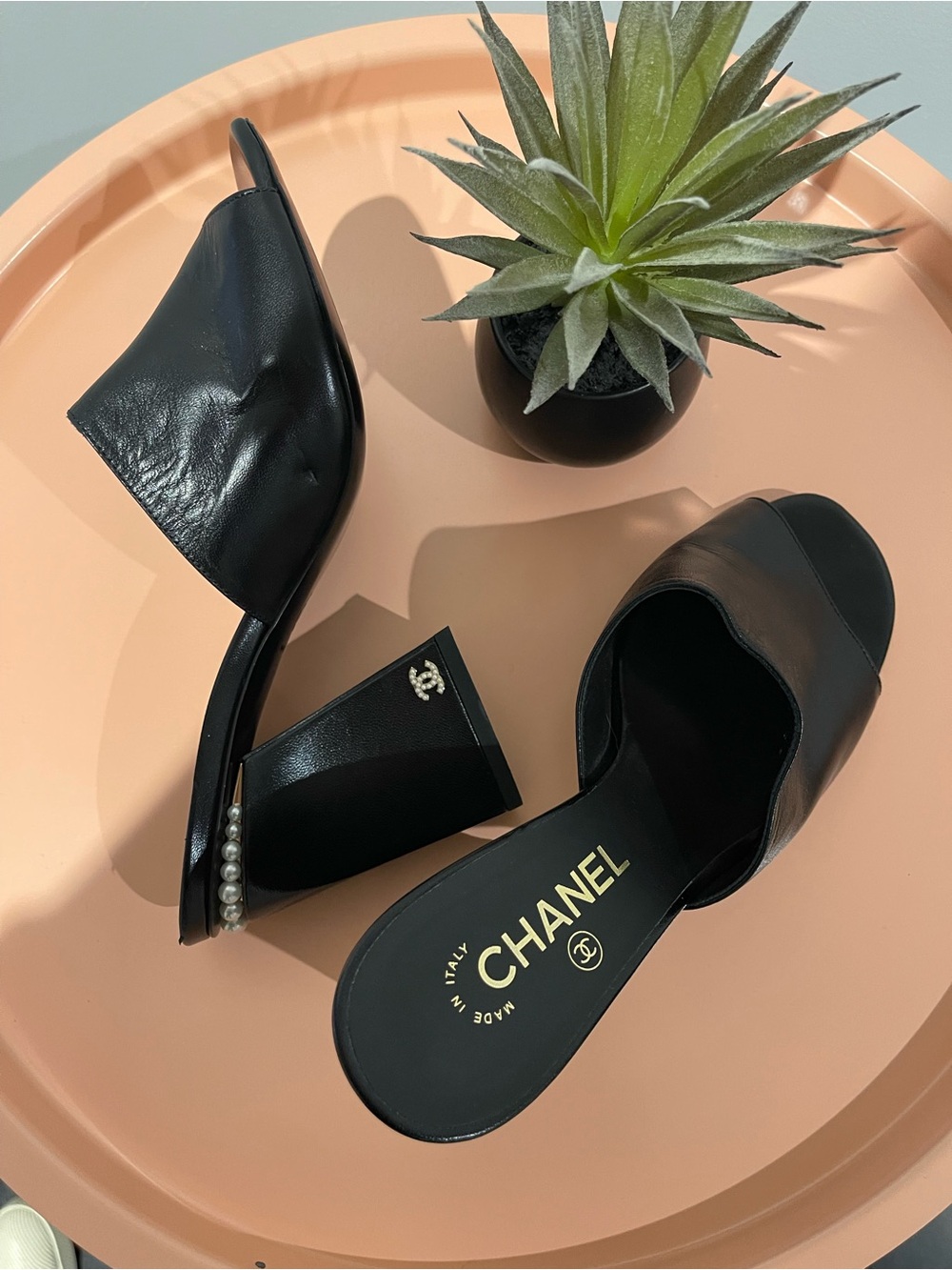 CHANEL Black Leather Pearl-Trim Mule Slides